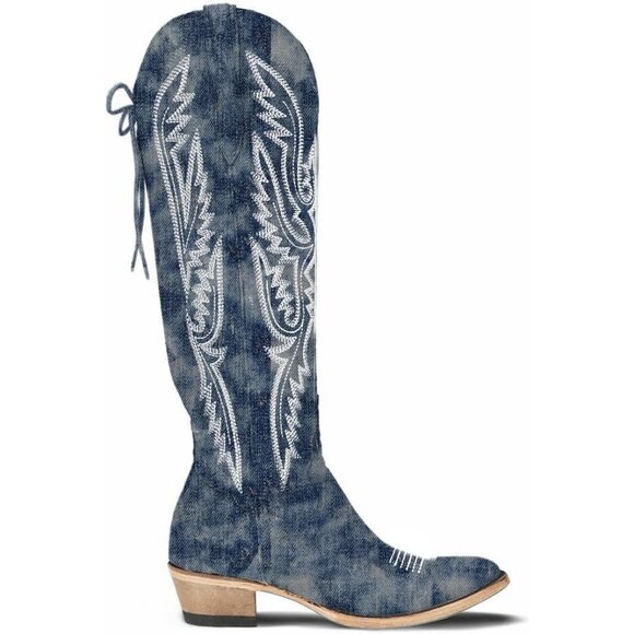 Women Denim Polyurethane Over the Knee Adjustable Thigh High Cowgirl Boot - Picture 2 of 5